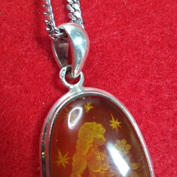 Vintage Carved Amber Sterling Silver Pendant and Chain Cottagecore - Picture 6 of 12